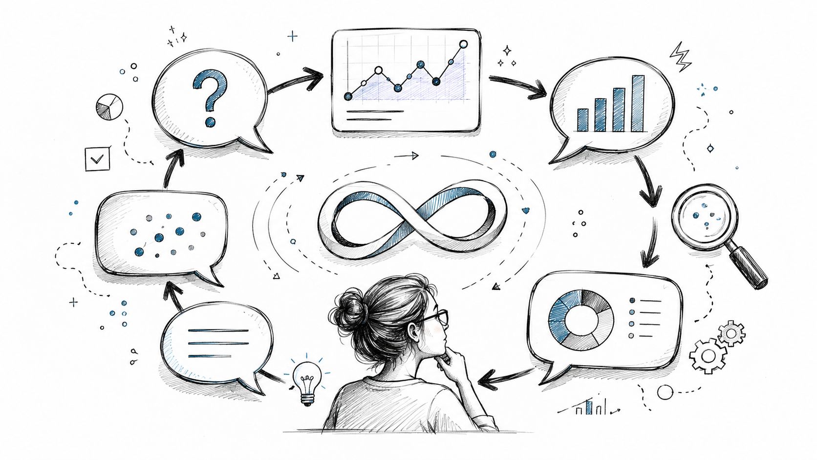 A woman looks at an illustrated diagram featuring icons of analytics, business data, and a continuous feedback loop.