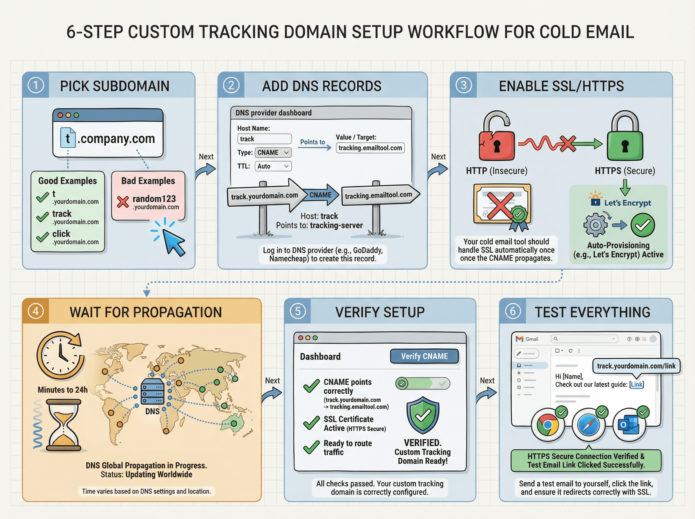 Visual workflow diagram showing the 6-step custom tracking domain setup process with DNS, SSL, and verification checkpoints