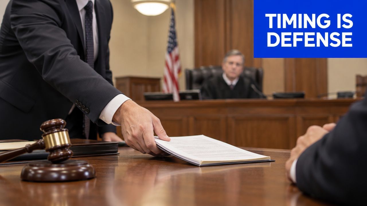 A lawyer hands legal documents to an opposing party in a courtroom with a judge in background.
