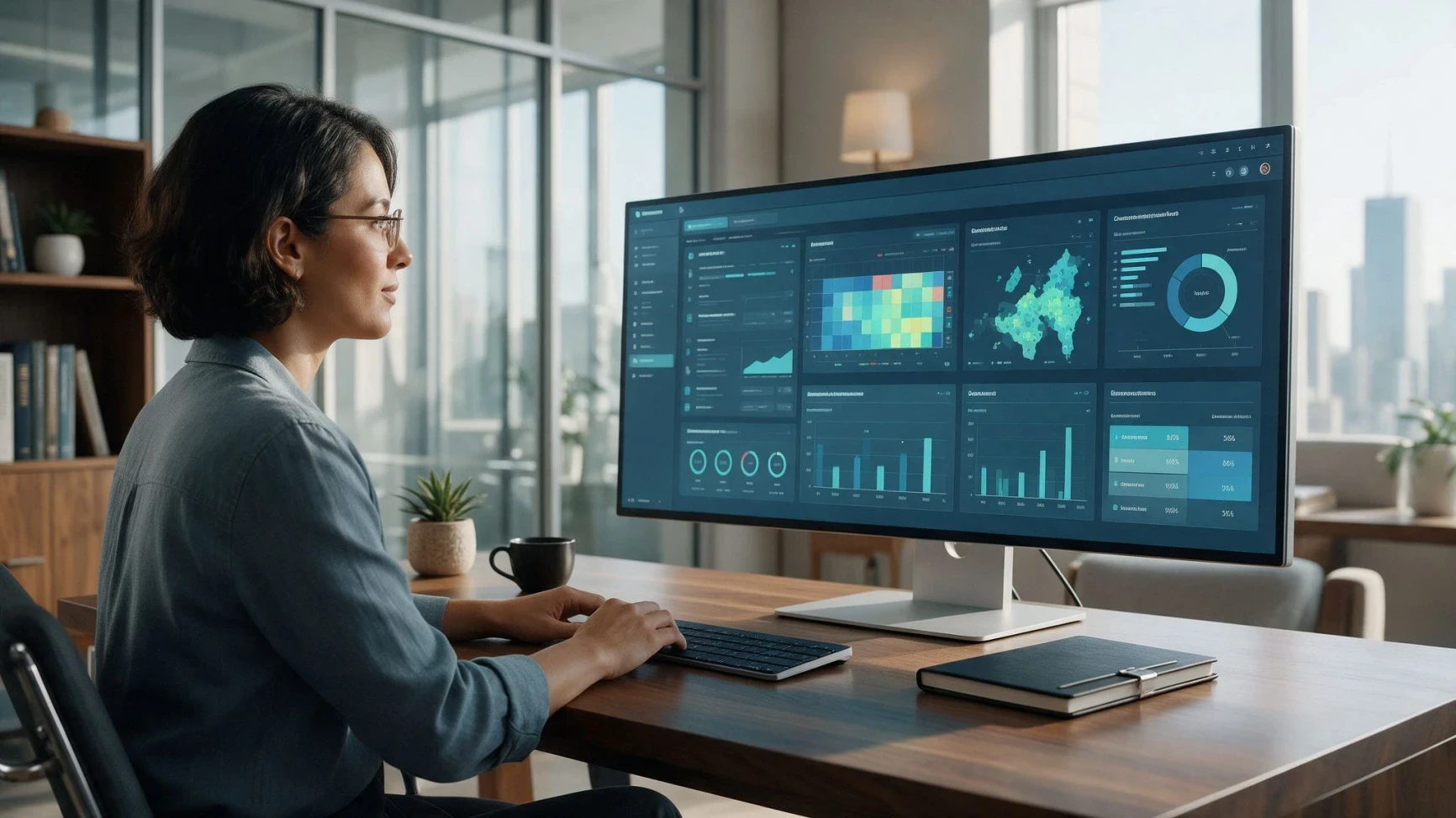 TA leader reviewing AI-powered hiring dashboard with candidate evaluation analytics