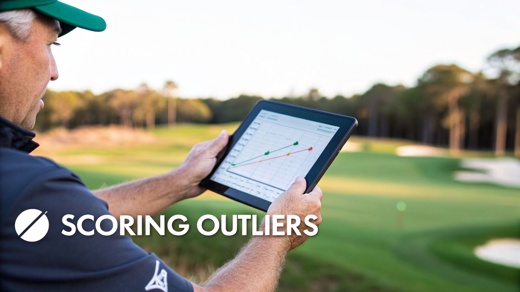 A golfer on a course analyzes a digital graph of his scoring performance on a tablet.