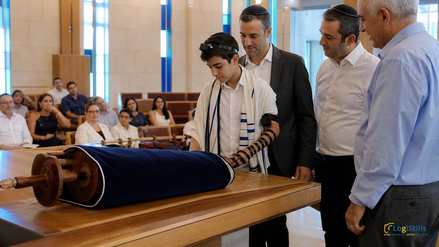 נער בר מצווה עוטה טלית קורא בספר התורה לצד בני המשפחה