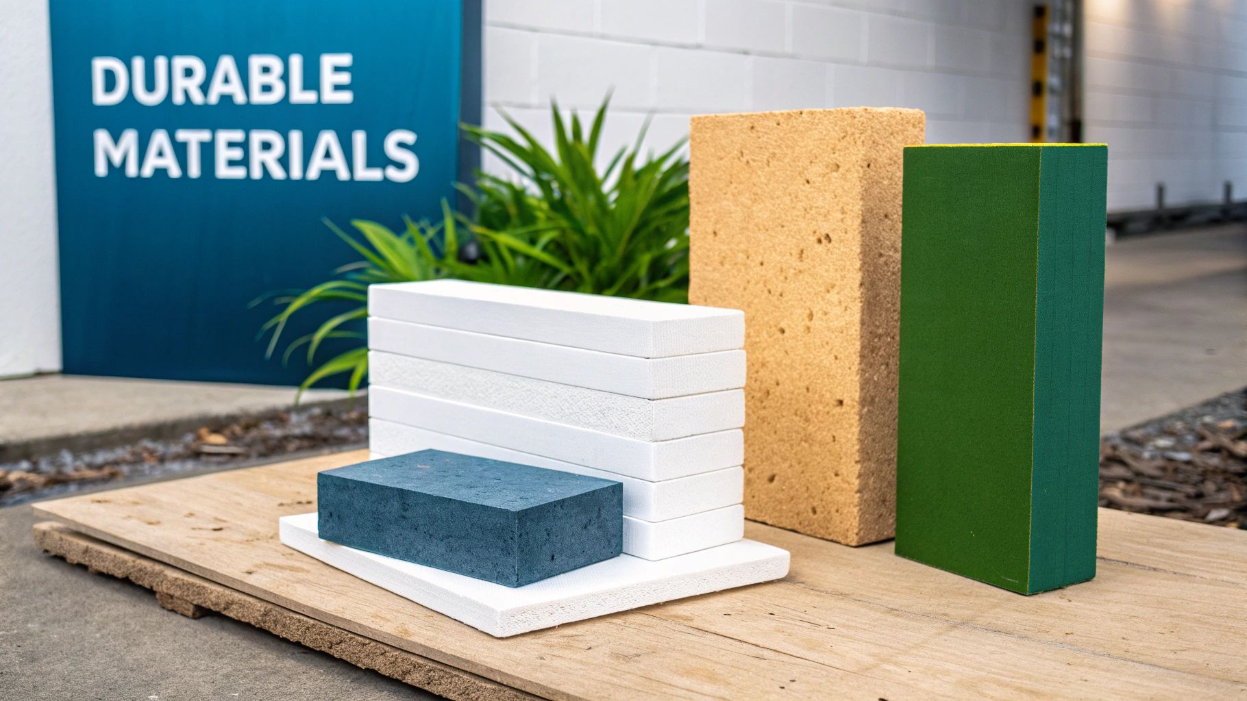 Various durable building material samples, including white, blue, beige, and green blocks, displayed on a wooden surface.