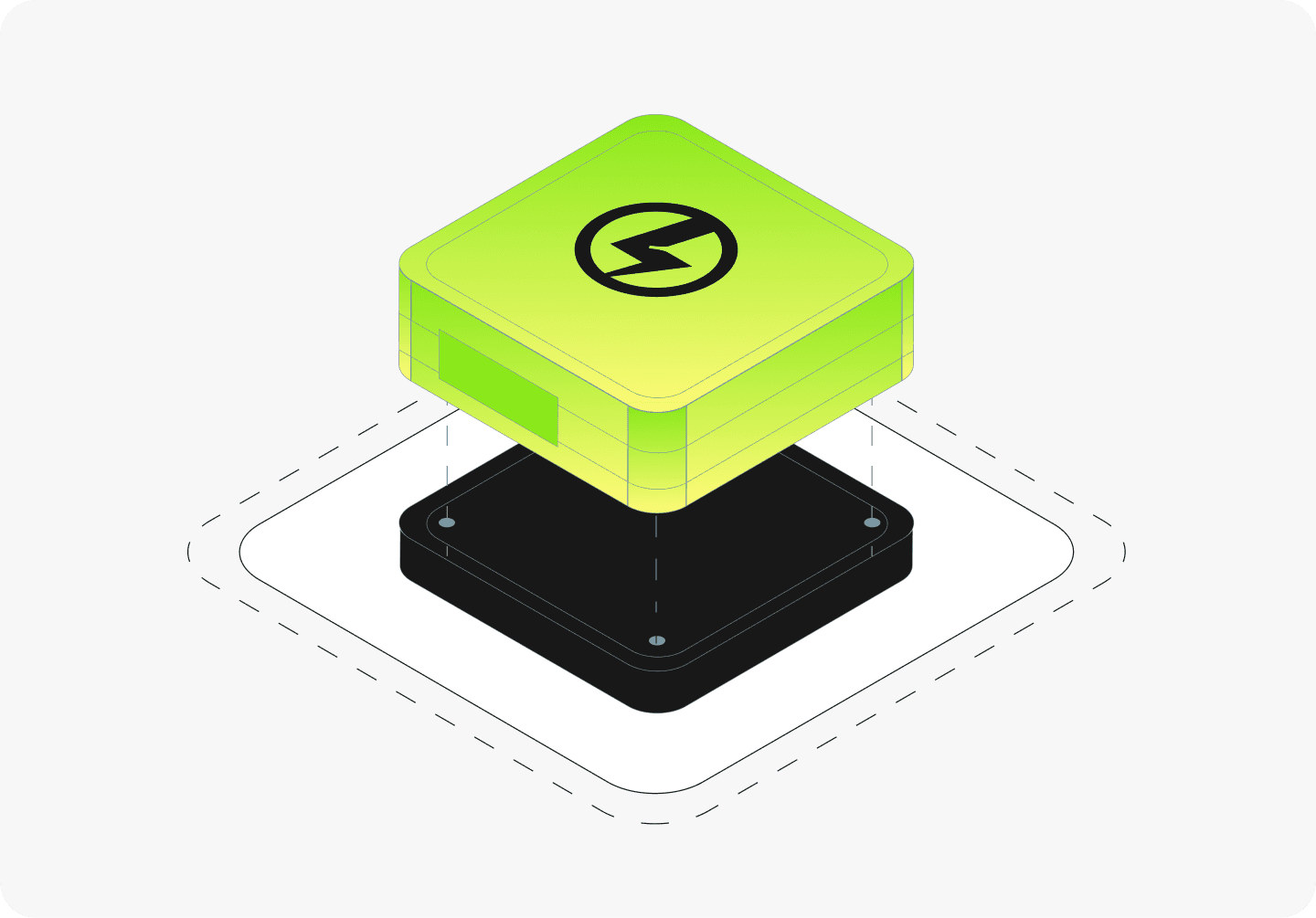 Isometric diagram of a lime green block with a lightning bolt icon floating over a black base.