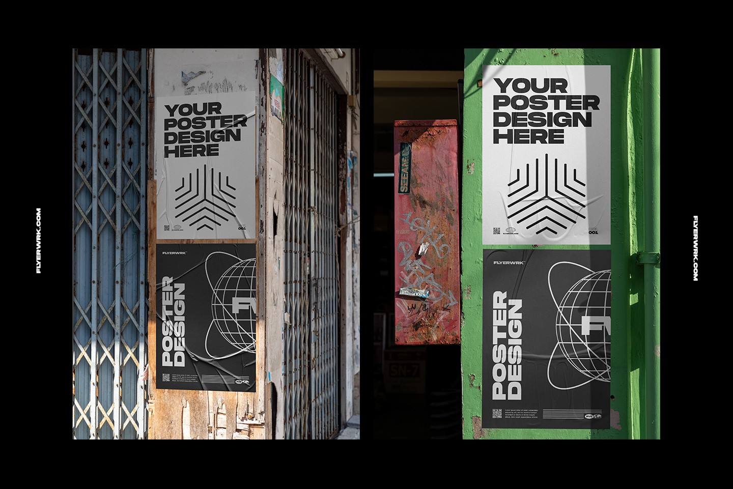 Urban poster wall mockup on graffiti wall with colorful street art background