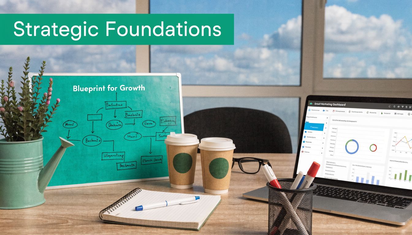 Espace de travail professionnel avec un ordinateur portable affichant des données et un tableau de planification stratégique.