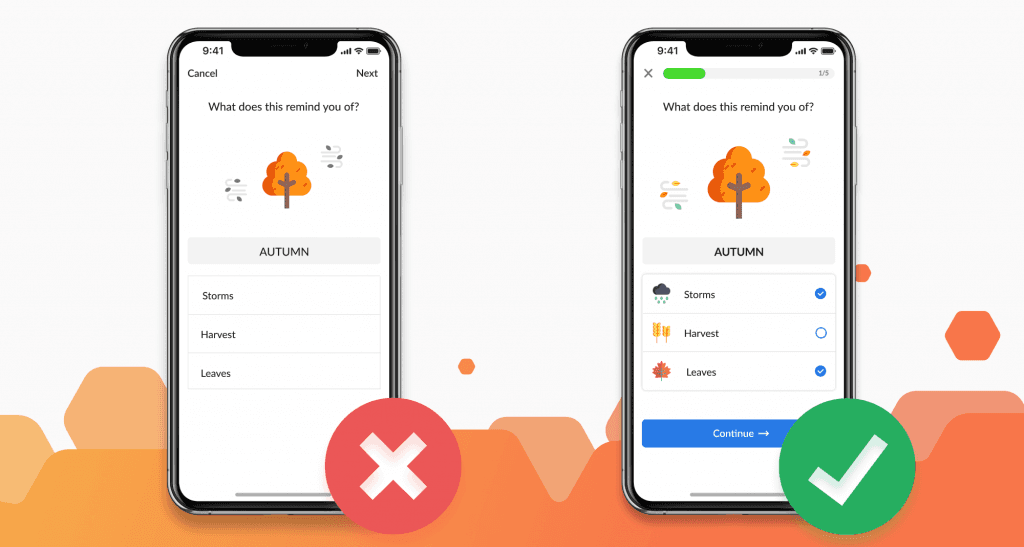Two versions of a mobile quiz screen side by side, marked wrong and right, showing how UX affects conversion