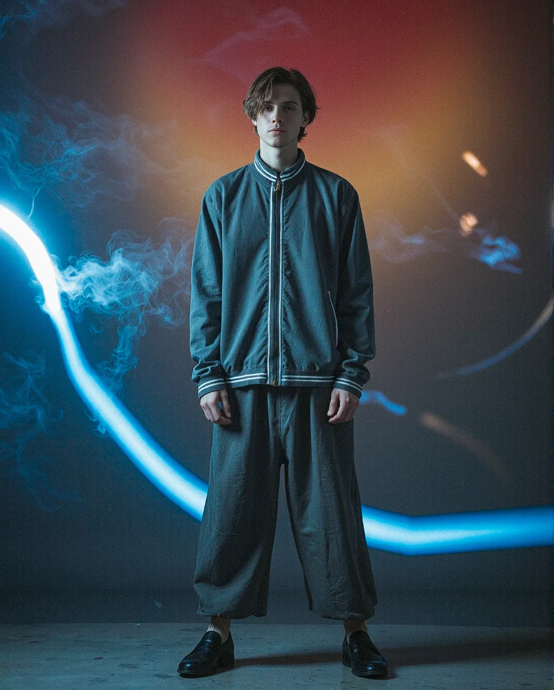 Atmospheric fashion photograph with person in teal bomber jacket and loose pants surrounded by smoke and blue light trail effects