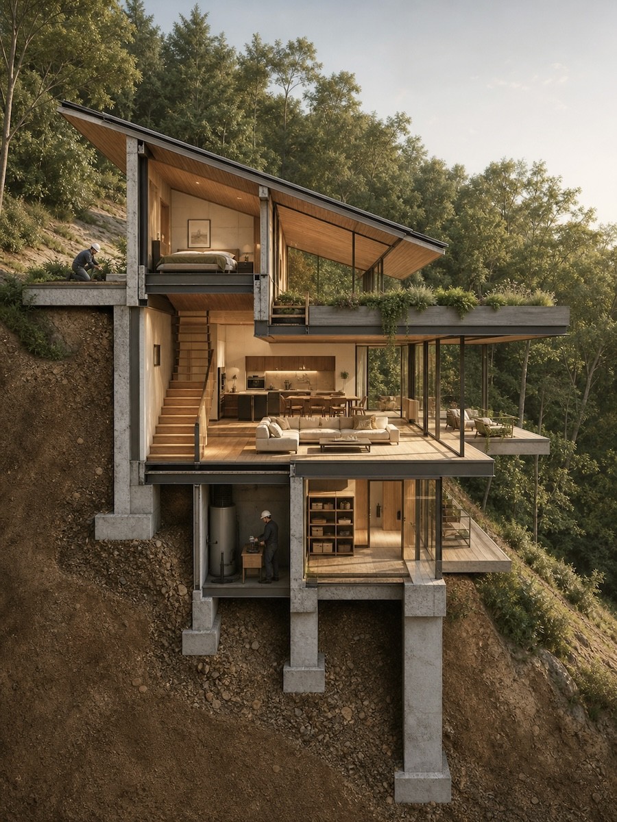 Cutaway of a three-storey hillside house on concrete pillars showing every floor