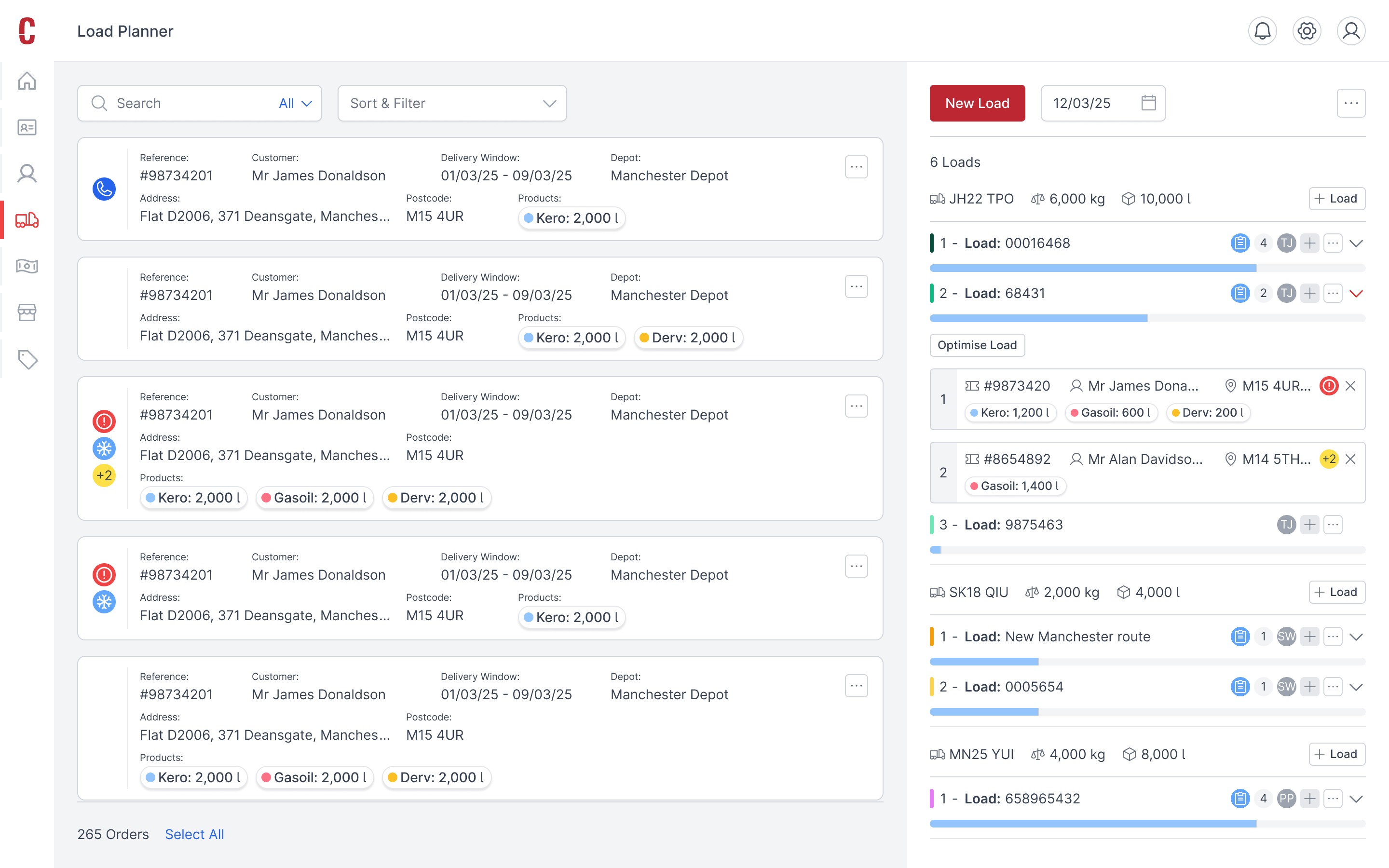 Image of CODAS 7 Load Planner screen displaying orders and planned routes