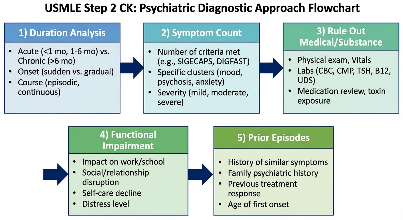 Step-by-step diagnostic approach flowchart for psychiatry vignettes on USMLE Step 2 CK