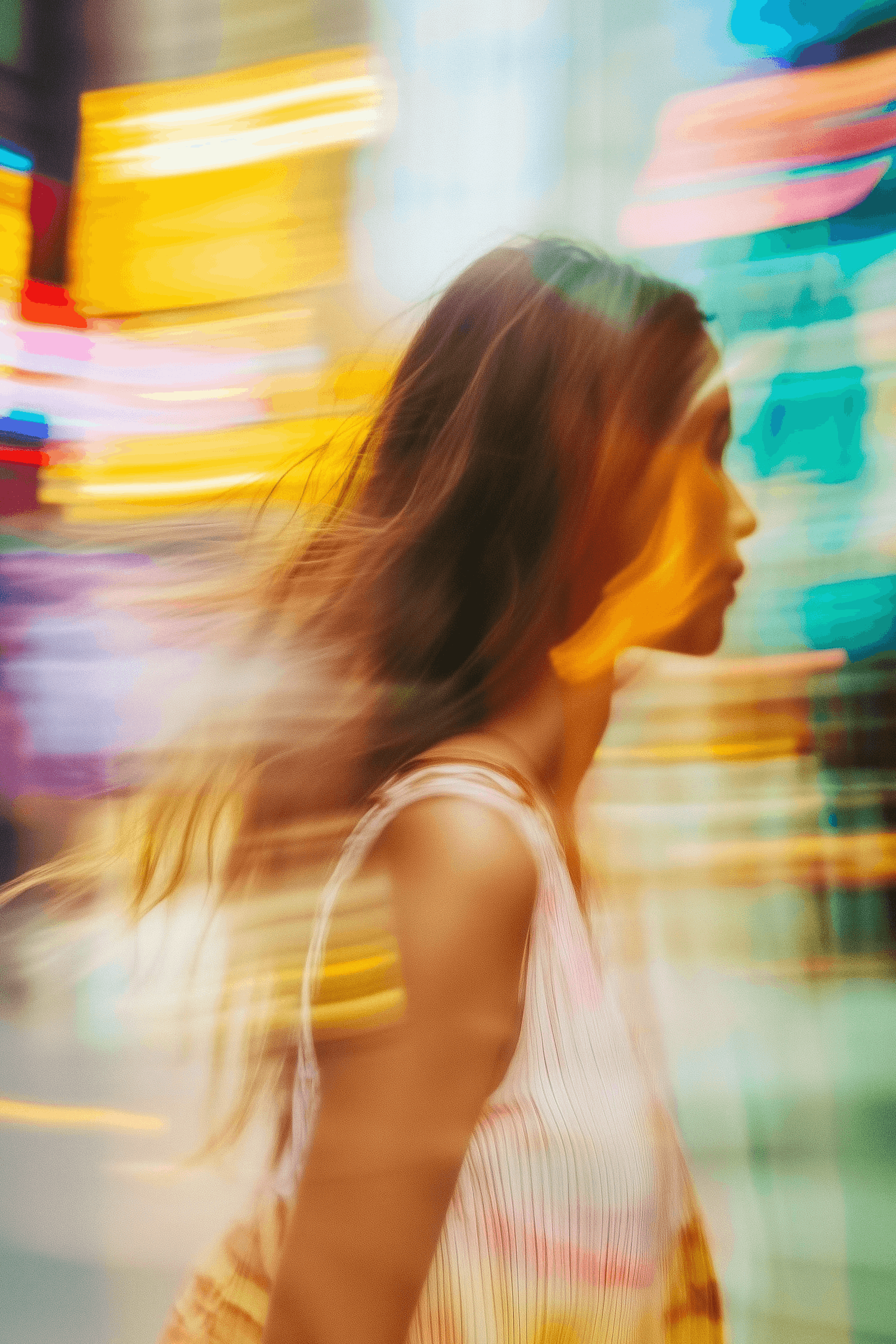 Woman walking through colorful city lights with motion blur effect.