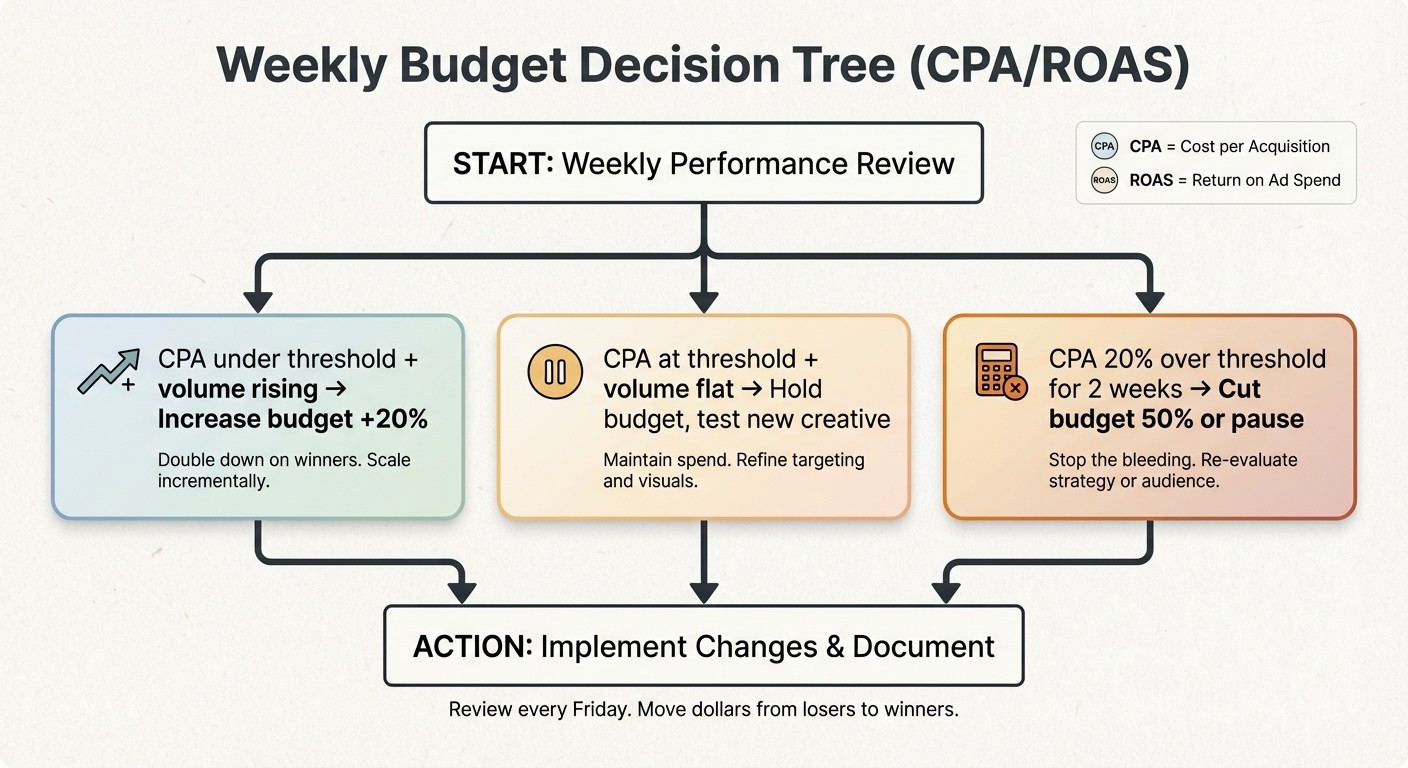 Weekly marketing budget decision tree outlining CPA and ROAS rules for scaling, holding, or cutting ad spend