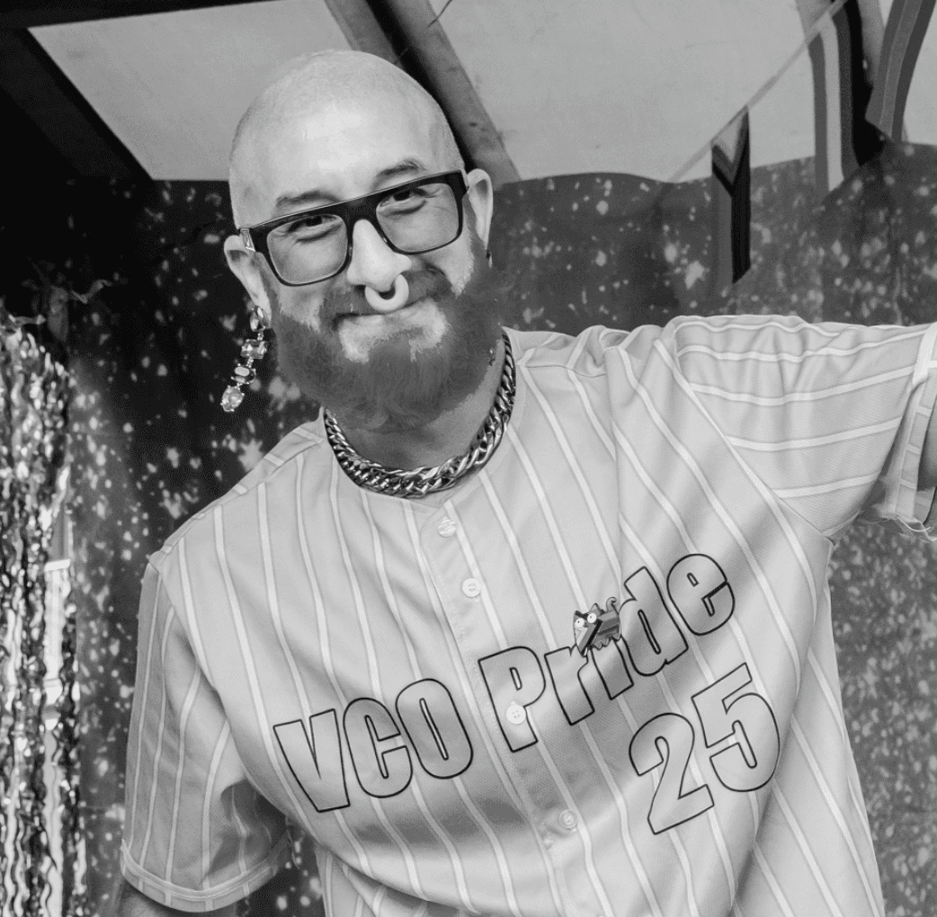 Black and white portrait of Emanuele Avalle, Organizer VCO Pride