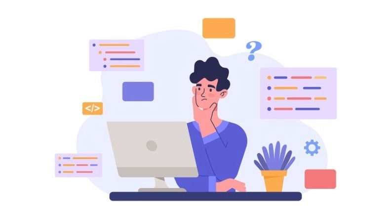 A developer is seated in front of a laptop, analyzing various JSON formatting tools displayed on the screen, including options for validating JSON data and beautifying JSON files. The interface features elements like line numbers and dark mode, highlighting the importance of readability and structure in data interchange formats.