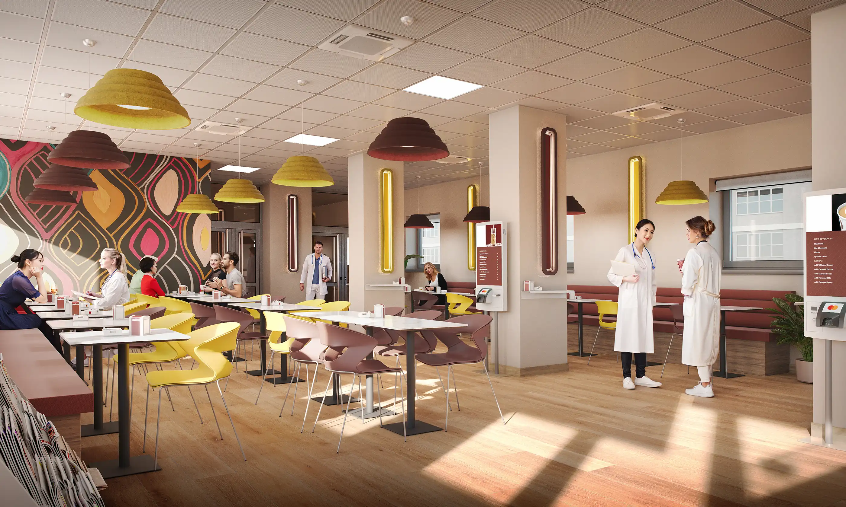 Spacious modern cafeteria with colorful yellow and pink chairs, digital menu board, and staff in white coats. Interior design for hospital or corporate lounge.