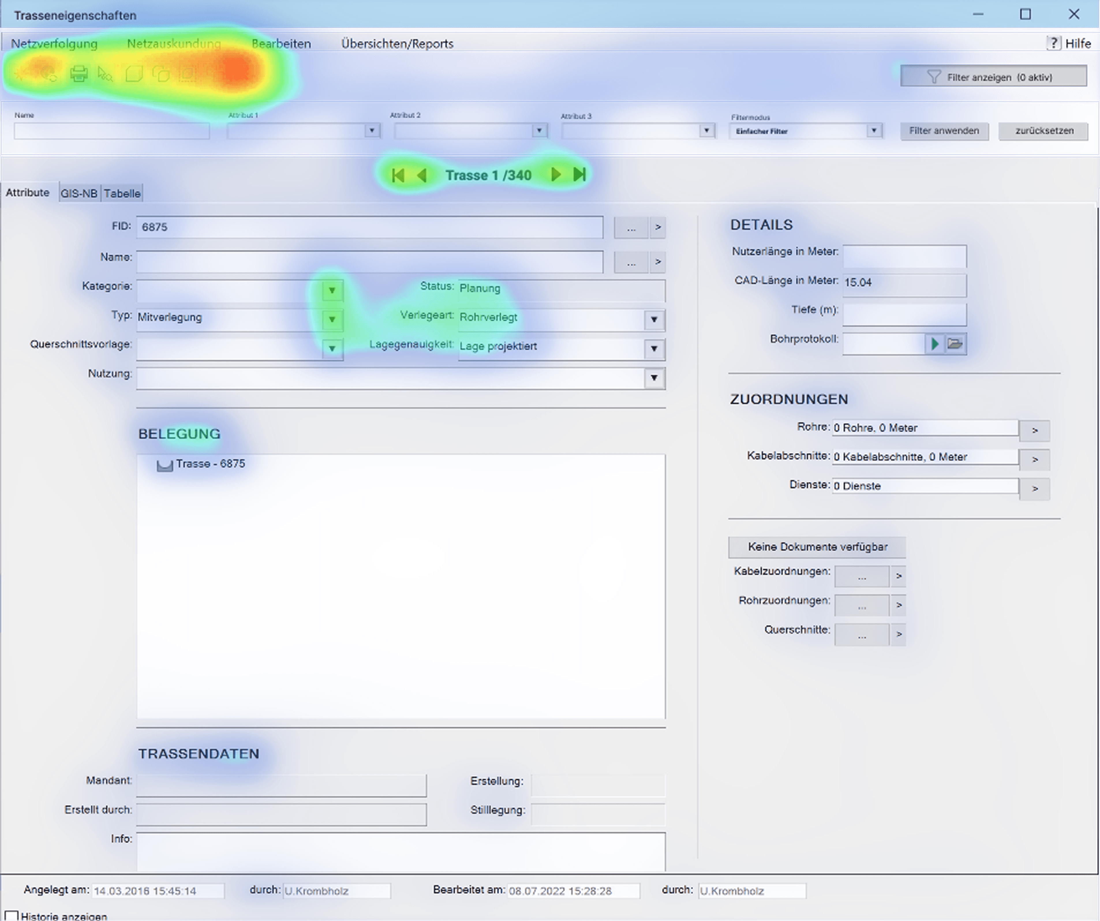 Benutzeroberfläche einer Software mit hervorgehobenen Bereichen durch eine Wärmebilddarstellung, darunter Menüleiste, Trassenauswahl und Statusinformationen.