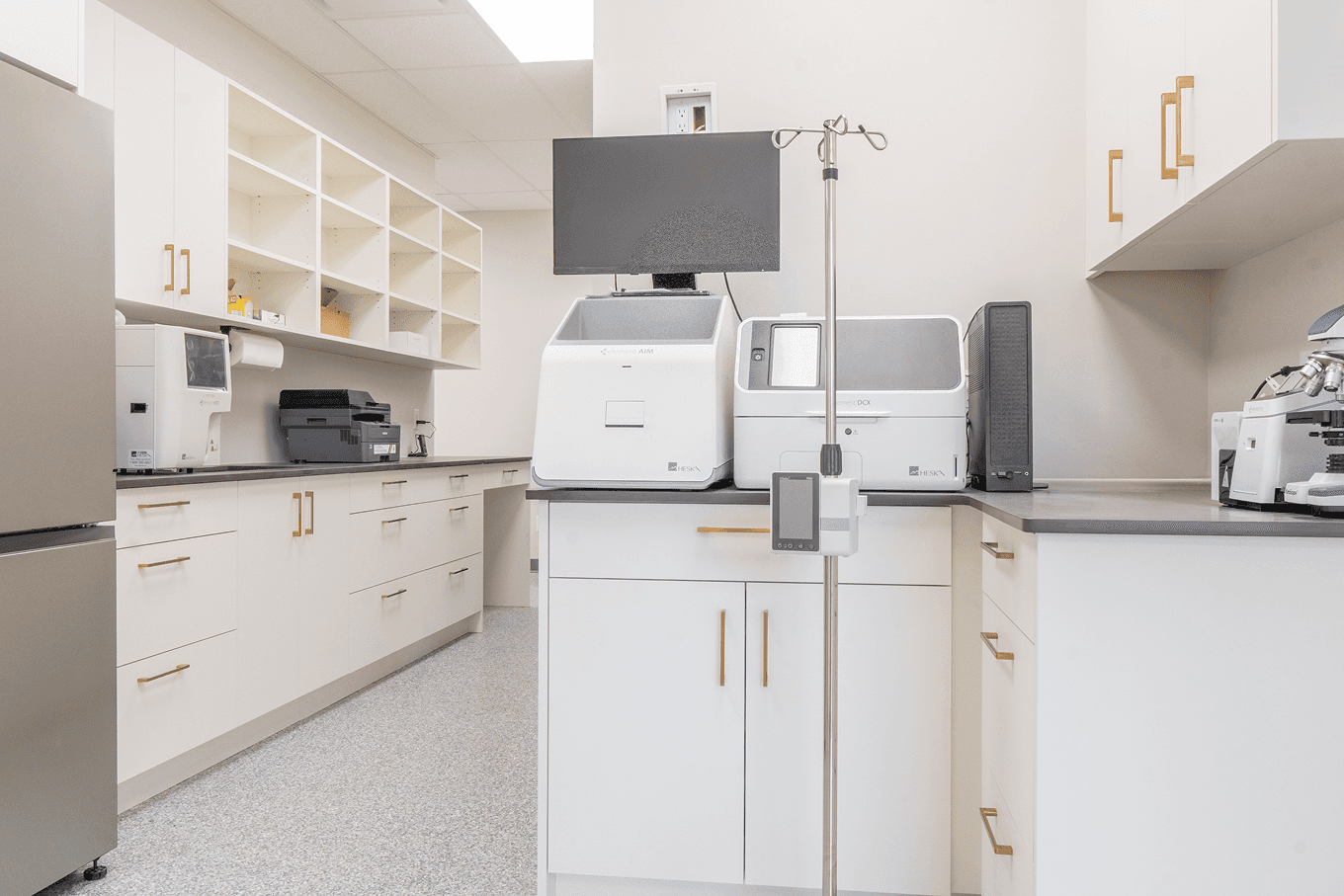 Laboratory-style cabinetry with open shelving, medical equipment stations, and ample storage.
