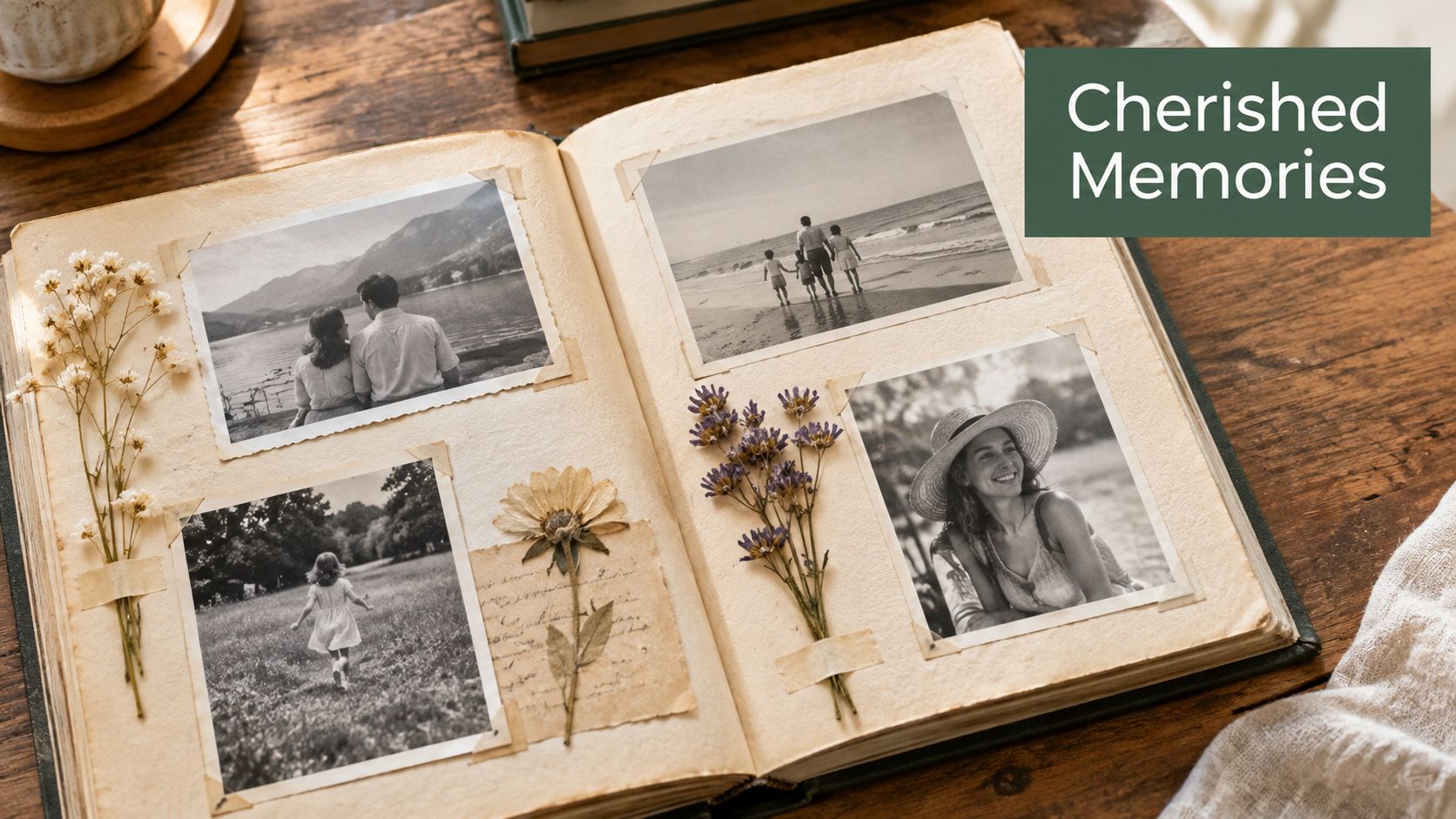 A vintage photo album open on a wooden table, featuring cherished black and white family photographs.