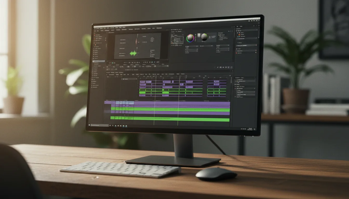 DSLR photograph of a computer monitor on a wooden desk displaying the Adobe Premiere Pro software interface. The interface is in dark mode, showing a complex video editing timeline with numerous green and purple clips, and panels with abstracted UI elements. A silver aluminum keyboard and mouse sit in the slightly out-of-focus foreground. The scene is illuminated by soft, warm natural daylight, creating a shallow depth of field with the screen in sharp focus. The image has a muted color palette and a subtle film grain texture.
