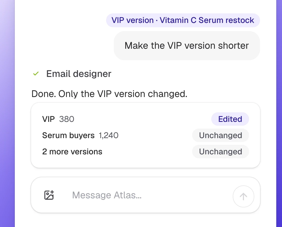 The team asks Atlas to make the VIP version shorter and only that version of the email changes