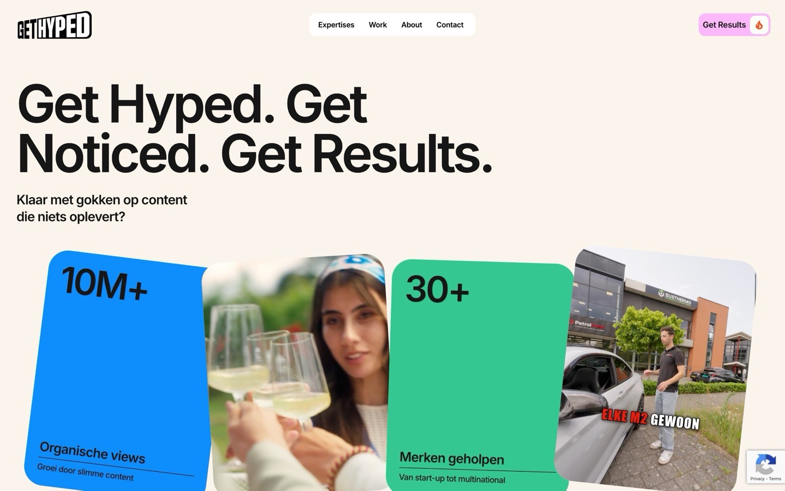 This image shows a modern website homepage with bold text promoting content marketing, featuring labeled cards displaying statistics like "10M+ Organic Views" and "30+ Brands Helped," along with a blurred background image and a photo of a person beside a building with the text "Echt nóóit gewóon."