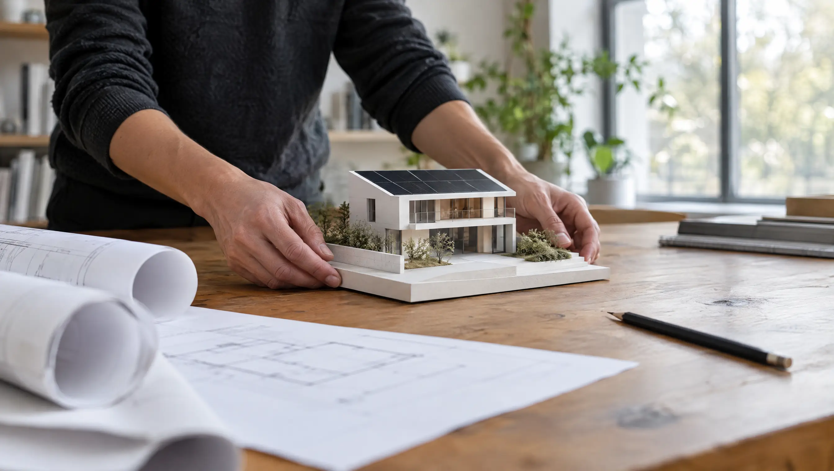 An architect placing a model of a house with a solar roof on a studio table