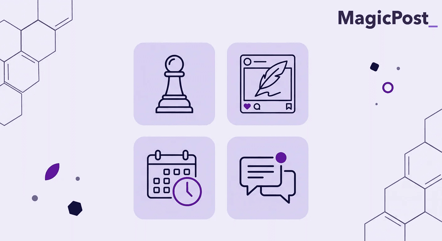 An illustration of the tasks a LinkedIn content agency does: strategy, content, scheduling and publishing, and reporting