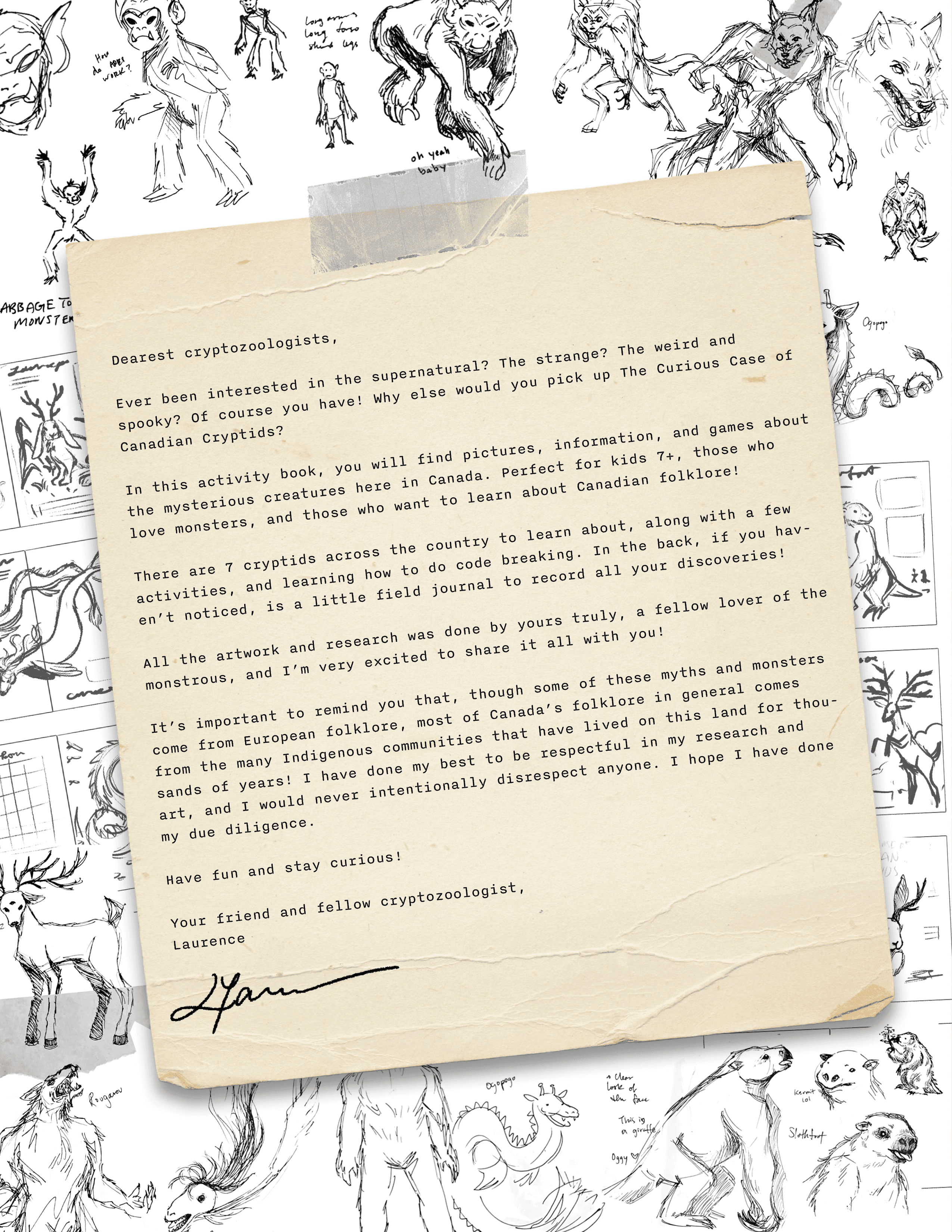 Two pages of the activity book. Left is the editor's note, right is an info page about the jackalope