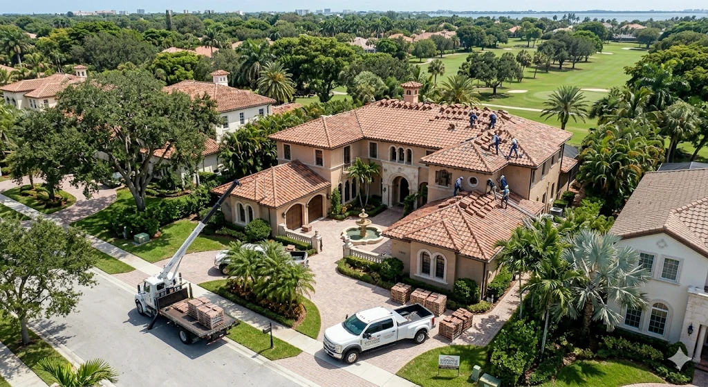 Roofing contractor Coral Gables FL — premium clay tile replacement on luxury historic home by Roofing Network licensed contractor