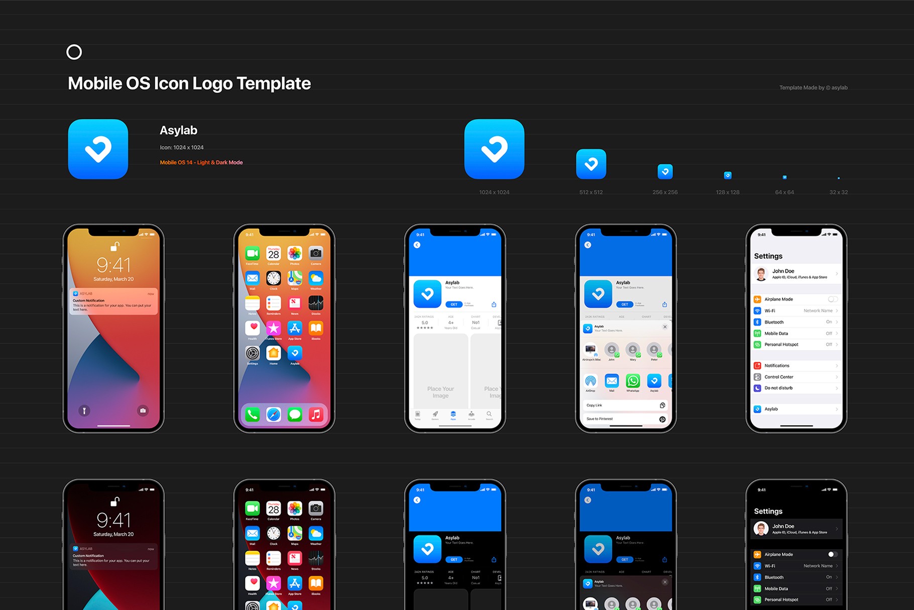 Dark mode version of the iOS icon logo template, displaying iPhones with customized icons.
