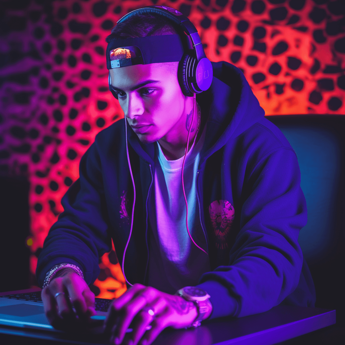 Gamer with headphones and glowing lights, focused on a screen in a neon-lit room.
