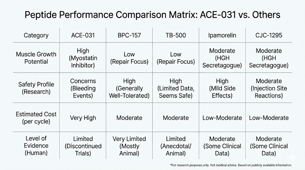 ACE-031 peptide versus BPC-157 TB-500 ipamorelin CJC-1295 comparison chart