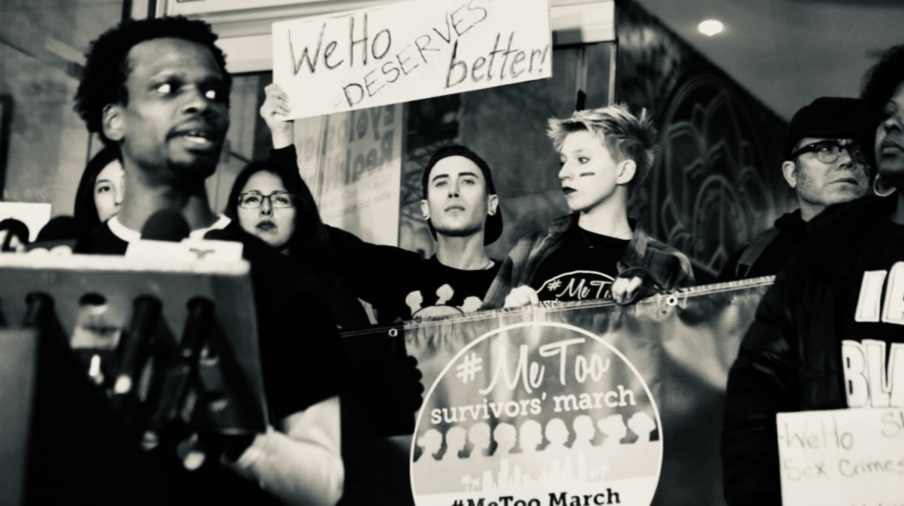 Male survivor advocates rally in WeHo during a #MeToo-era demonstration.