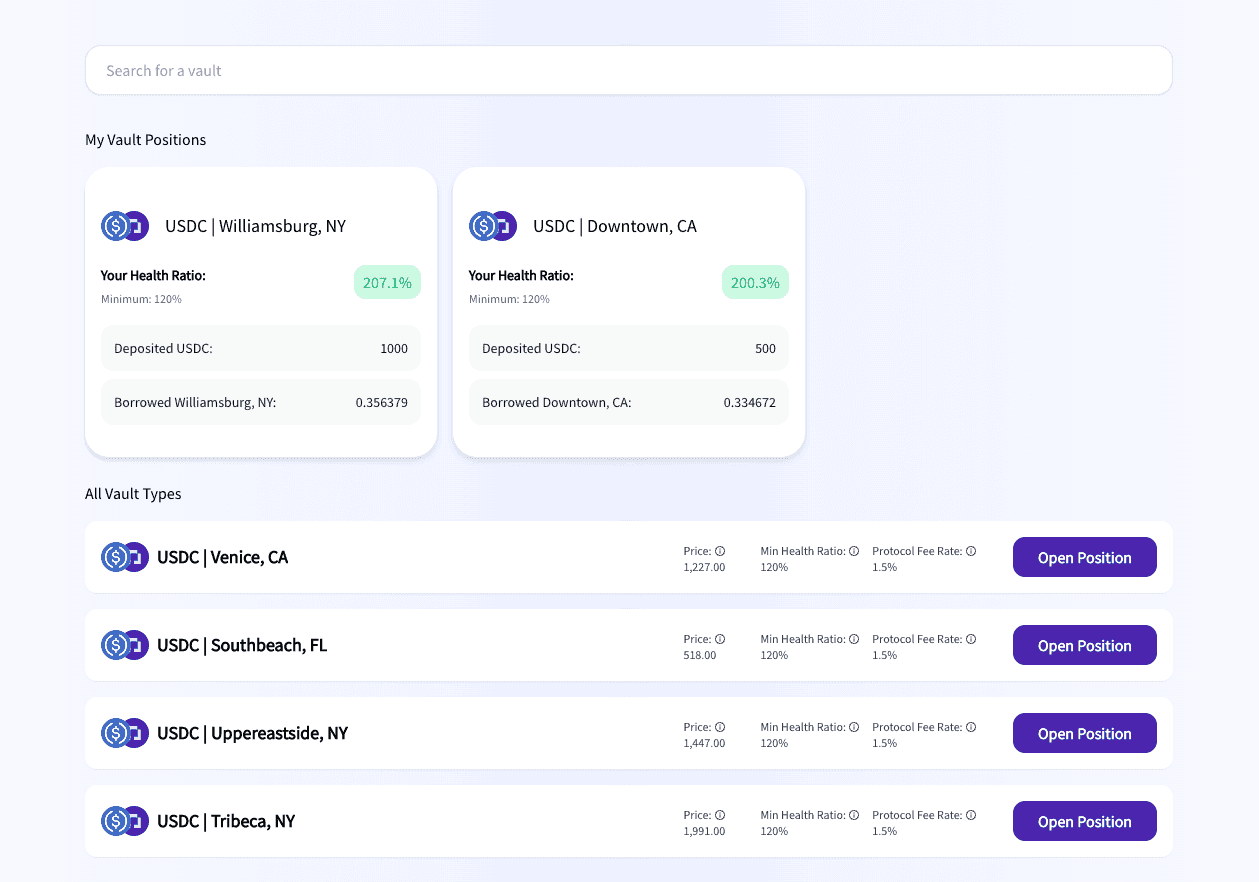 Parcl Testnet 3.0 “Borrow” Page, with two open positions for Williamsburg, NY, and Downtown CA.