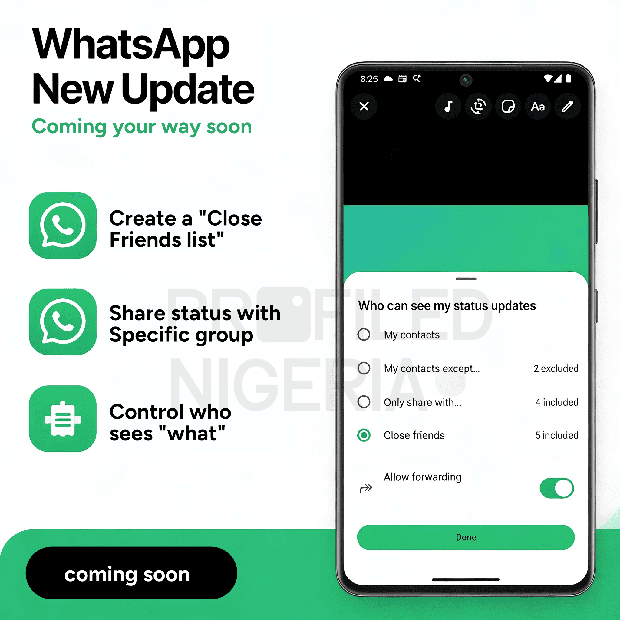 WhatsApp Close Friends status feature showing privacy controls that let users choose who can see their status updates on Android