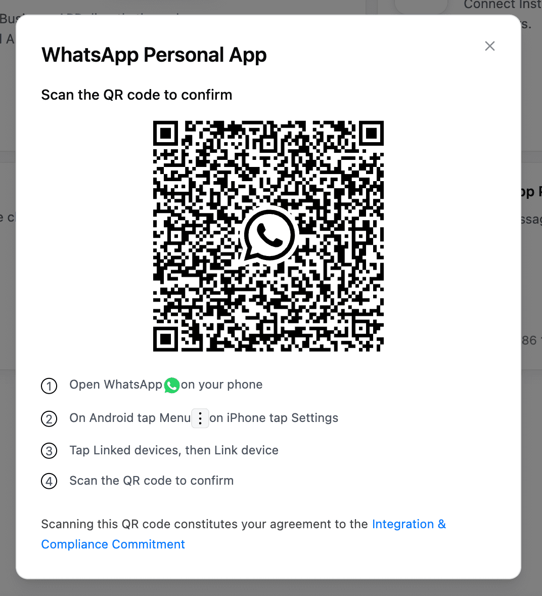 WhatsApp Personal App linked-device QR authorization in Dealism Desktop