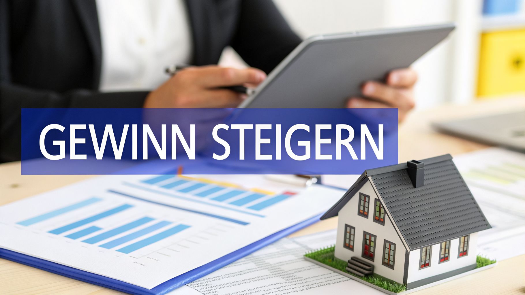 Professionelle Person arbeitet an Finanzdokumenten und einem Tablet, mit einem Modellhaus und dem Text 'GEWINN STEIGERN'.