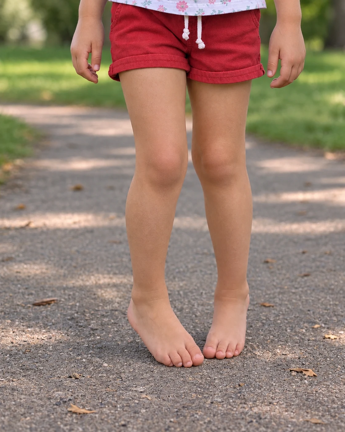 Barefoot child in red shorts with kneecaps facing forwards but a foot pointing inwards, illustrating internal tibial torsion.