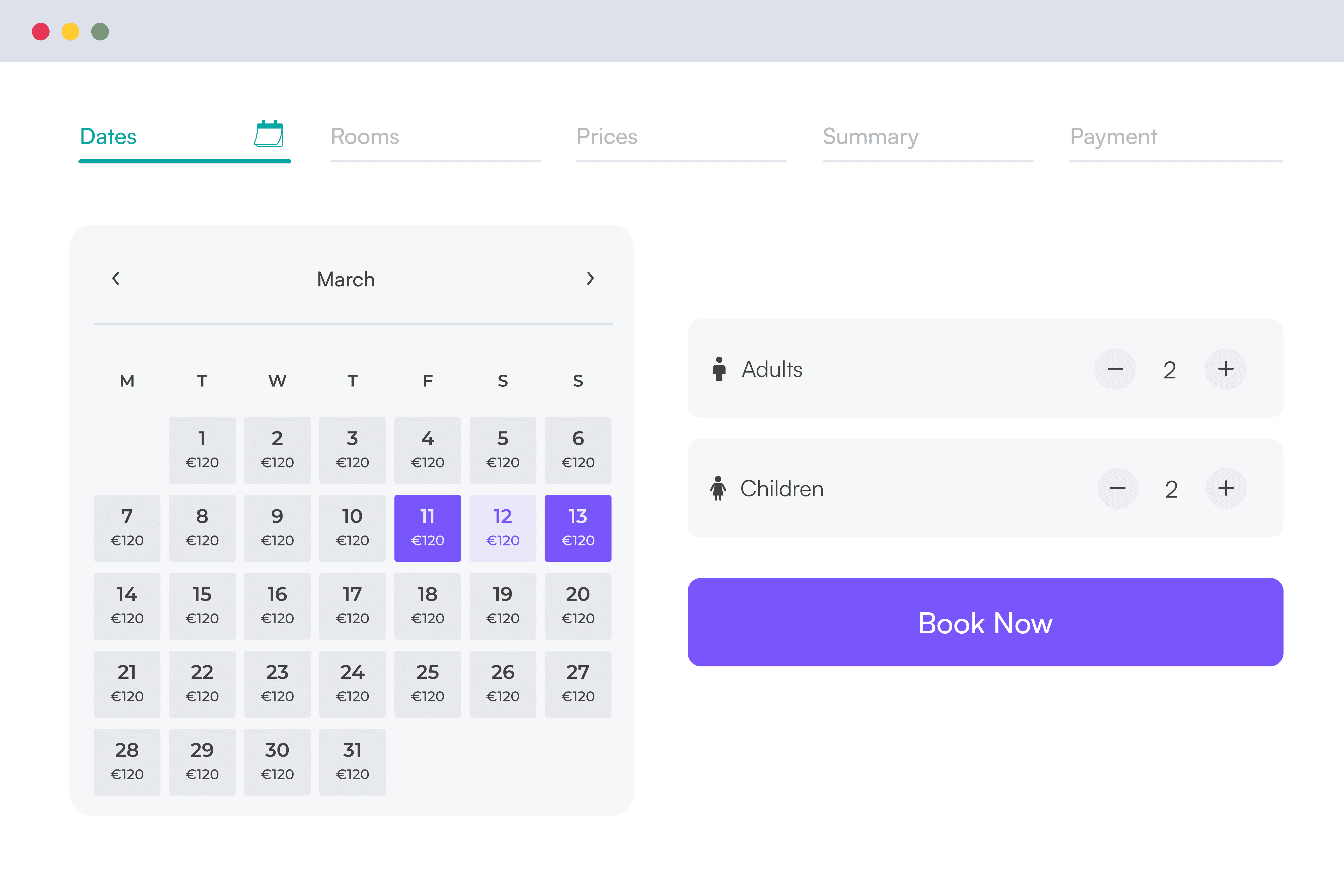 A calendar interface displaying selected dates, with options to choose times and a purple confirmation button.