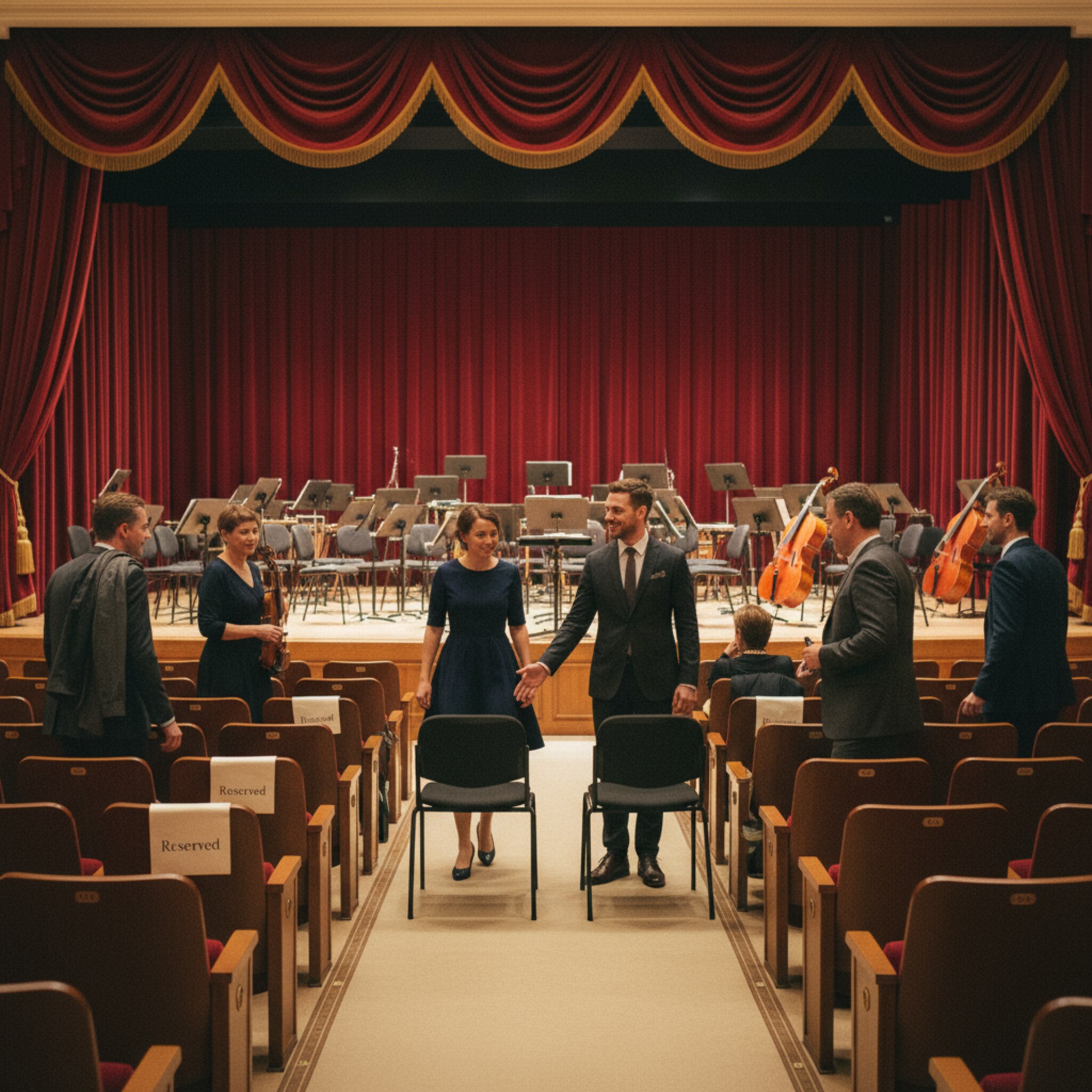 Ein bestuhlter Saal zeigt nummerierte Reihen mit dezent markierten Reserviert-Schildern. Ein Platzanweiser deutet lächelnd auf zwei freie Sitze am Mittelgang. Das Bühnenlicht glitzert an den Notenständern, während das Publikum seinen Platz einnimmt.