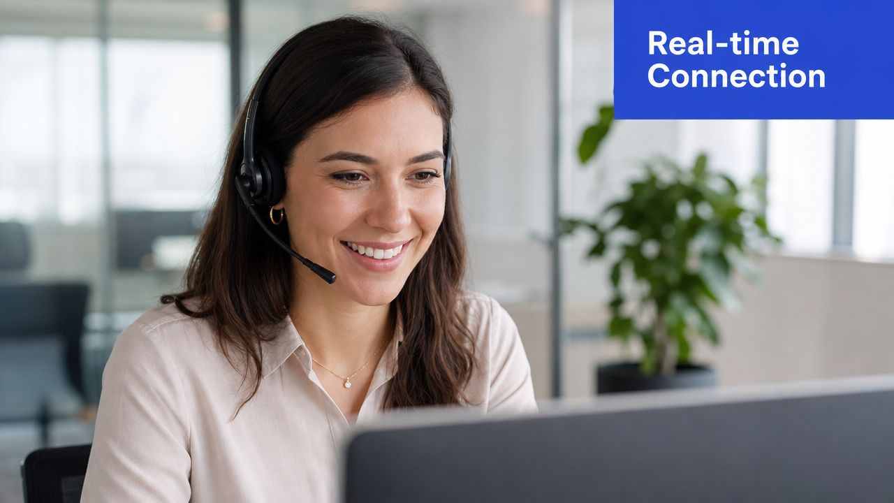 A professional woman wearing a headset and smiling while working on her laptop in an office.