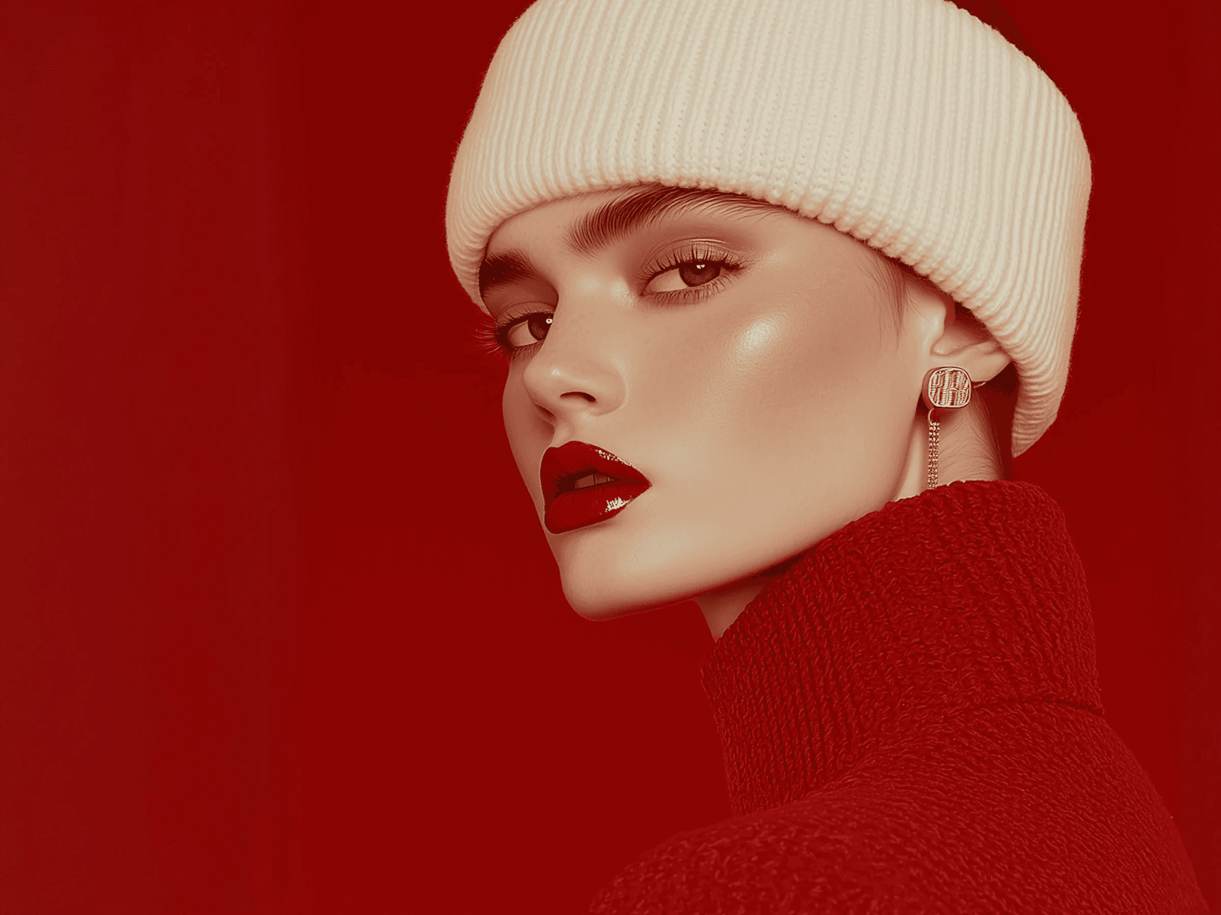 A fashion model wearing scarf and red dress