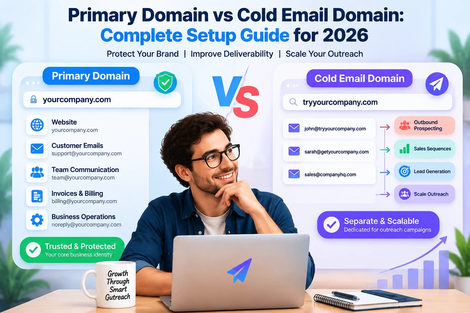 Cold email domain and inbox calculator showing multiple sending domains, email inboxes, and scaling strategy for outreach campaigns