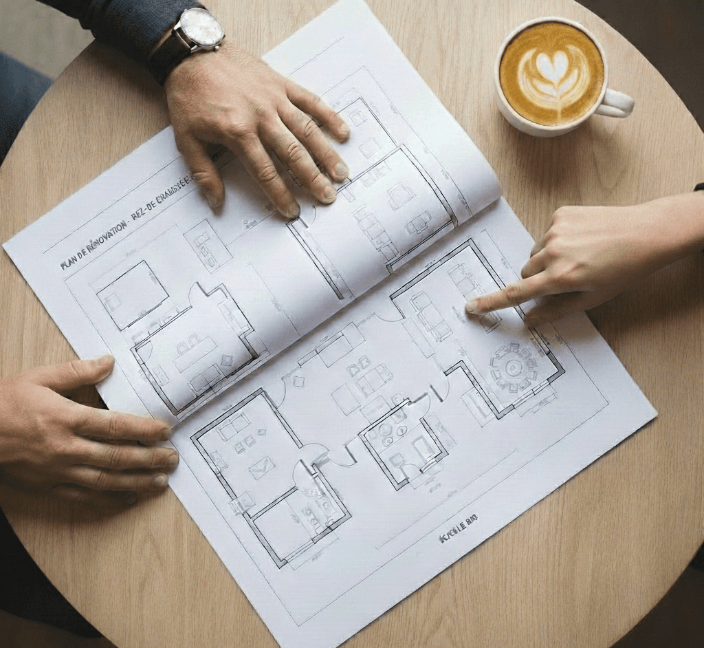 On voit une table ronde en chêne pâle sur laquelle est posée un café au lait avec un dessin sur le dessus. Un plan de rénovation est déployé sur la table. Trois mains sont visibles, deux mains d'homme du côté gauche dont l'une porte une montre et une main de femme à droite de l'image qui pointe le plan en expliquant les détails.