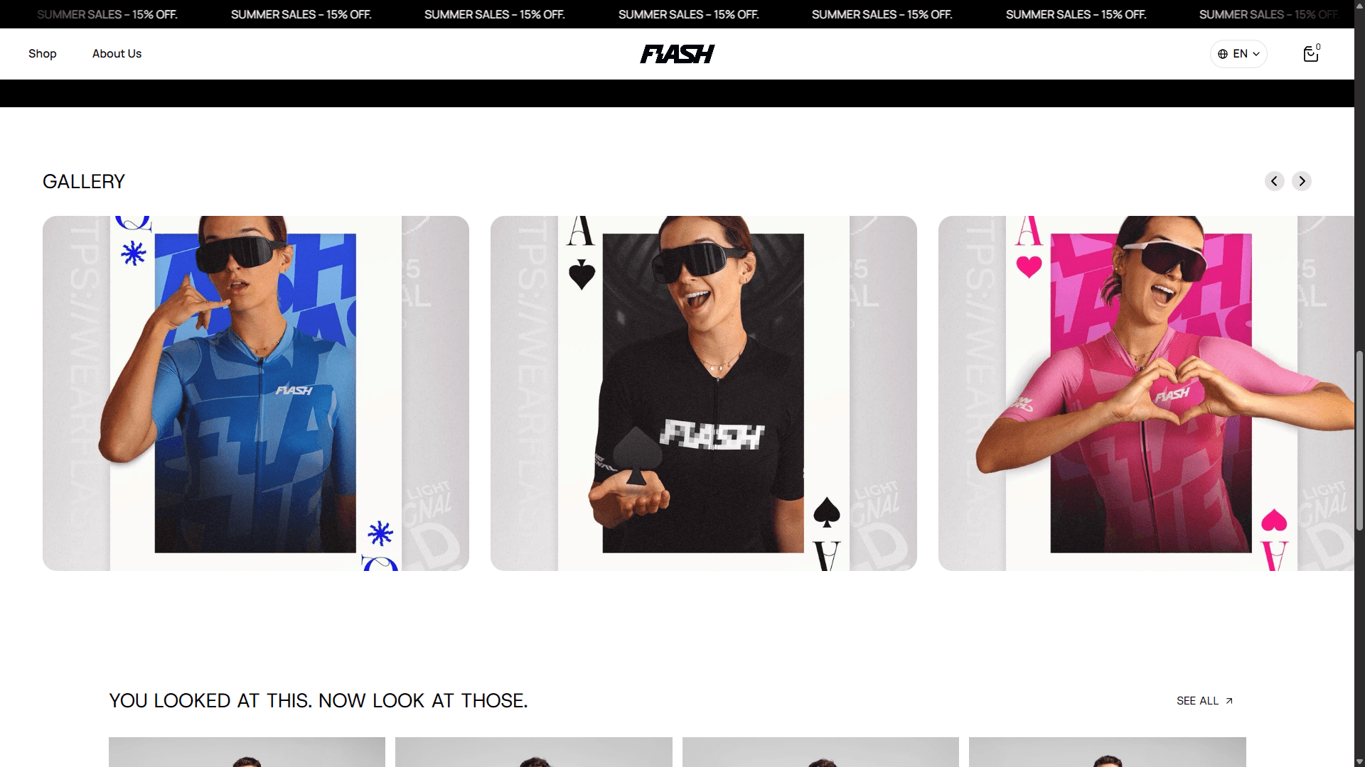 Horizontal gallery of cycling jersey photos styled as oversized playing cards, featuring models in blue, black, and pink jerseys with bold graphics.