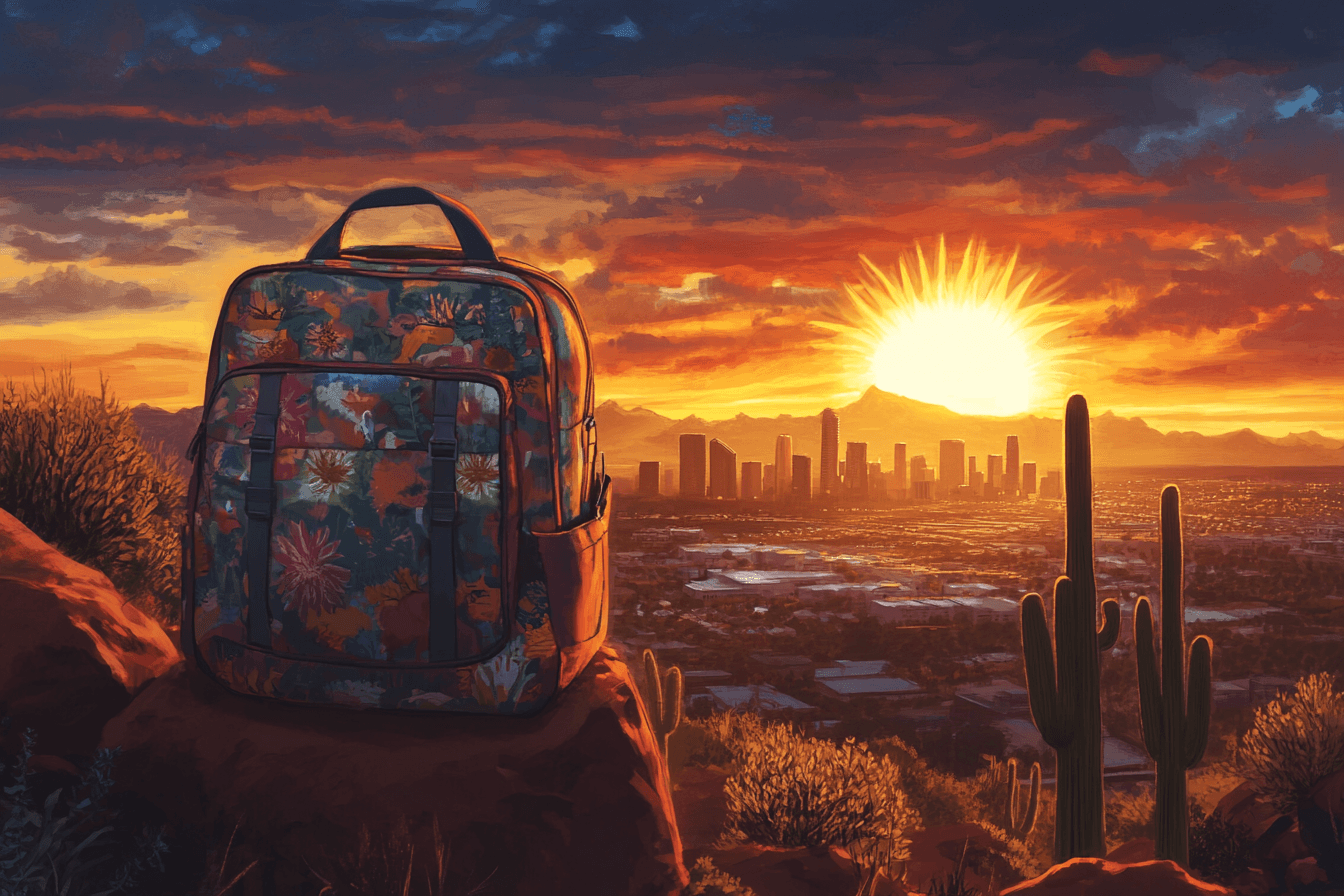 A colorful backpack transforming into a radiant sun, casting warm light over a Phoenix cityscape, photorealistic style, hopeful atmosphere