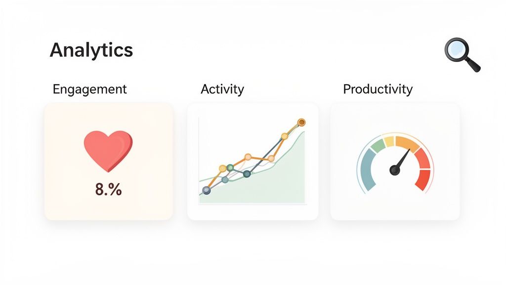 A digital analytics dashboard displaying key performance indicators for engagement (8%), activity with a line graph, and productivity with a gauge meter.