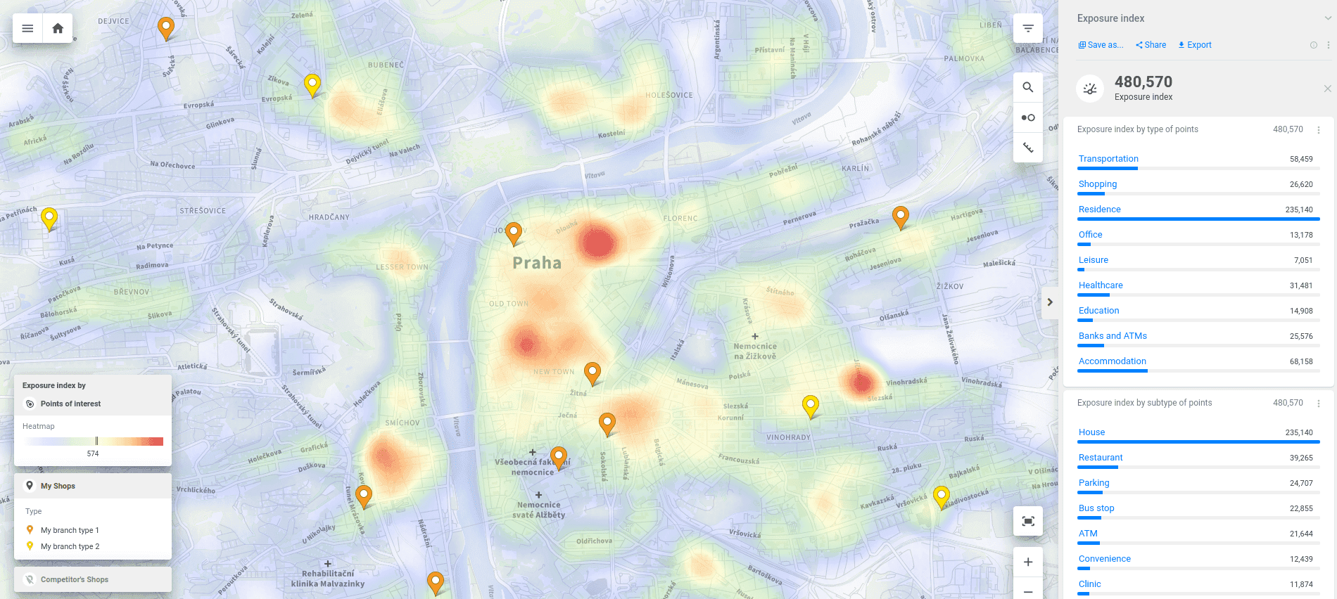 Example of a visualization of Point of Interest dataset in CleverMaps Studio.