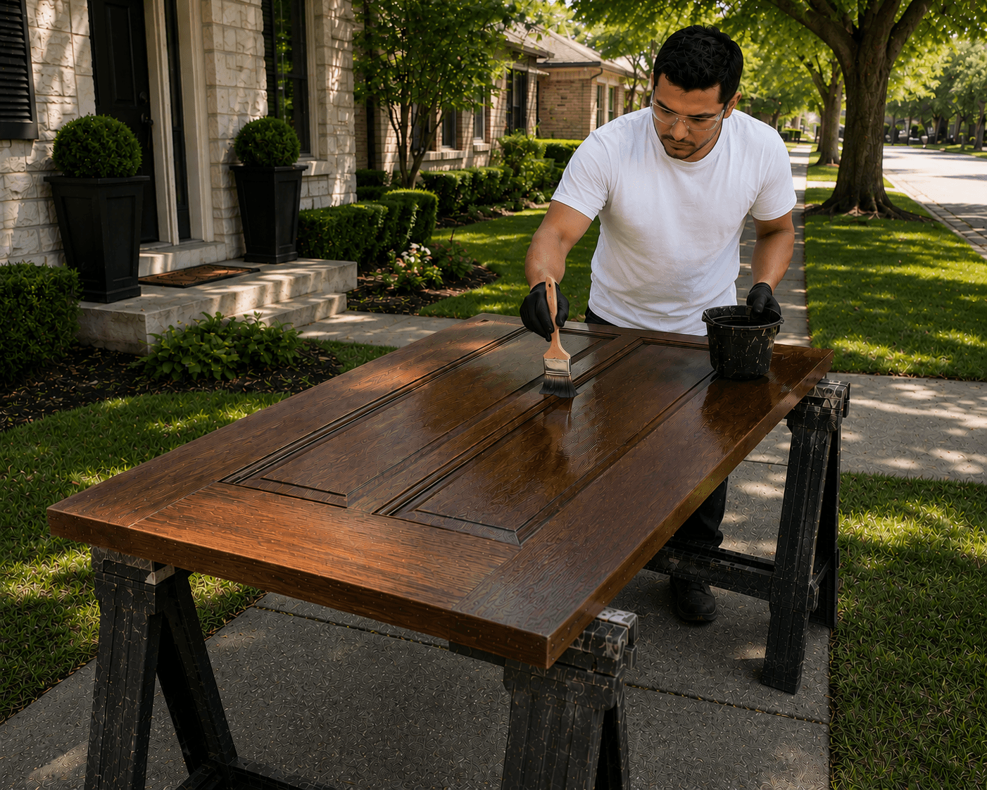 A worker unloads door frames from a delivery truck parked in the driveway of a suburban white brick house with manicured lawns, during a home renovation project.